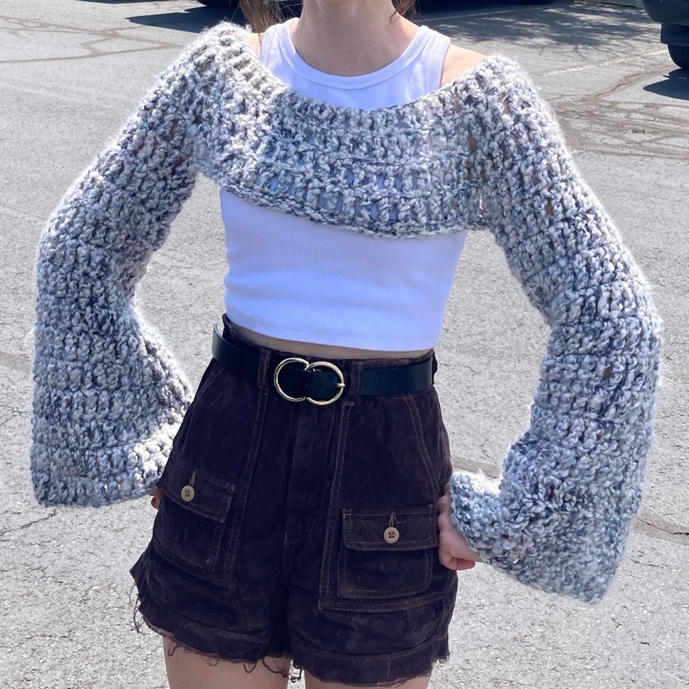 Handmade Crochet Cropped Top Hollow Out Long Sleeve Knit Sweater Cover Ups Sz S - Picture 3 of 9